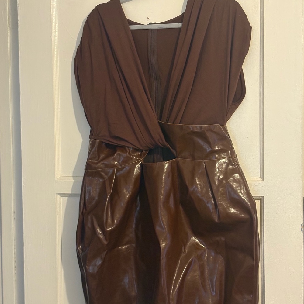 Faux Leather Patchwork V-Neck Ruched Sleeveless M… - image 4